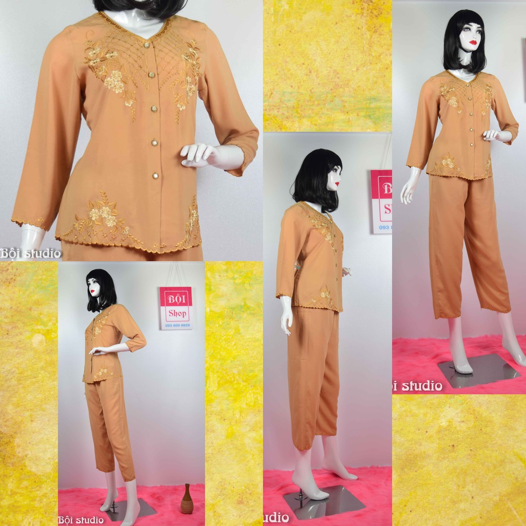 SET Quần Áo lụa VIỆT NAM Cotton Thêu Cho Chị , Cho Cô ( Áo Dài Tay , Quần Dài ) DLT-VÀNG BÒ 51