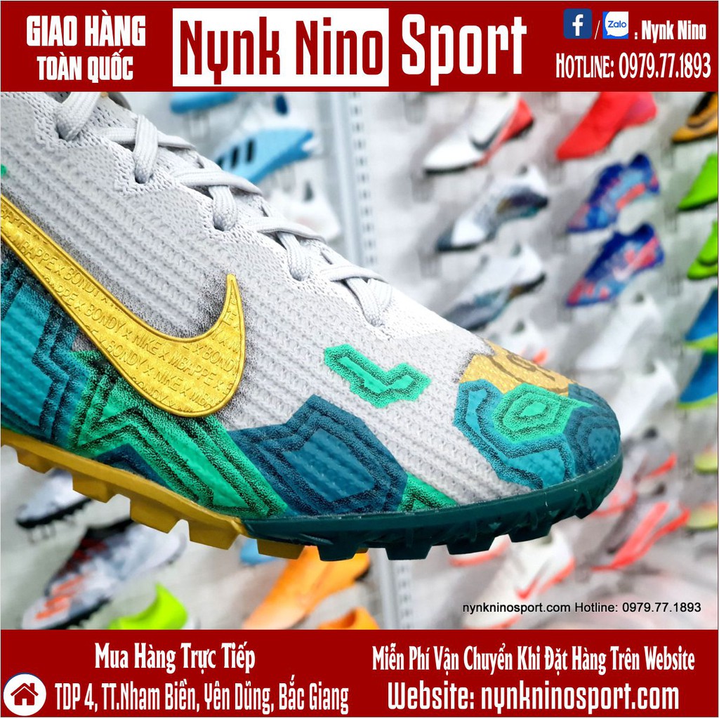 Giày Bóng Đá Mercurial Vapor 13 Elite Mbappe Xám Xanh Lục Vạch Vàng Cổ Lửng TF