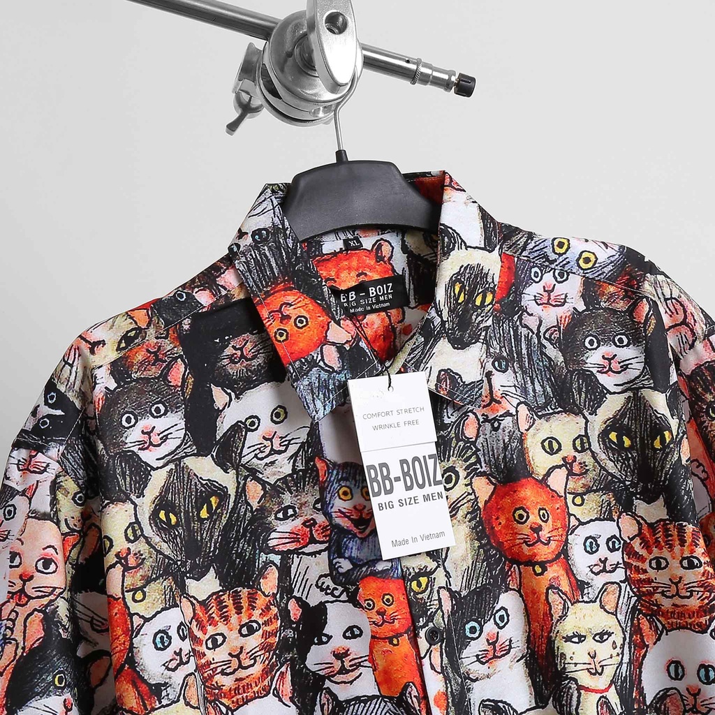 [bigsize < 130kg] Áo Sơ Mi Hoạ Tiết mèo Tay Ngắn nam bigsize | BigBuy360 - bigbuy360.vn