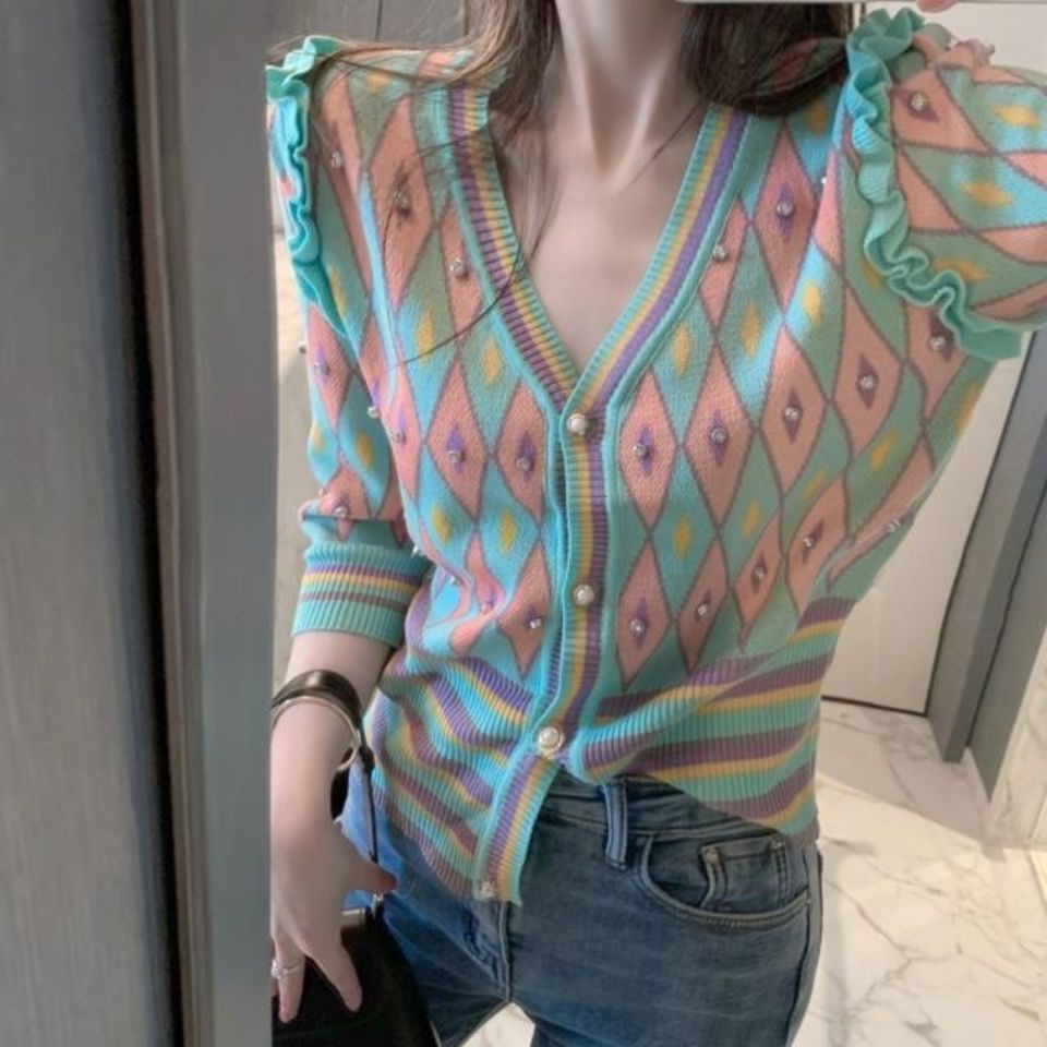 Cardigan Mỏng Phong Cách Nữ Mùa Hè 2024 Phong Cách Mới Công Nghiệp Nặng Màu Sắc Tương Phản Kim Cương Đan Áo Len Cổ Chữ V Niche Phiên Bản Hàn Quốc Influencer