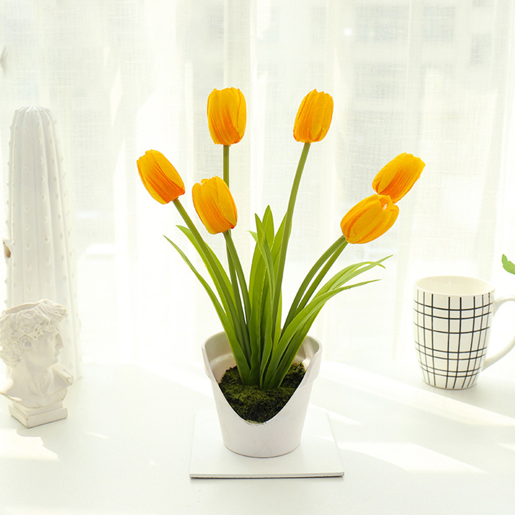 Chậu Hoa Tulip Nhân Tạo 6 Bông Trang Trí Nhà Cửa