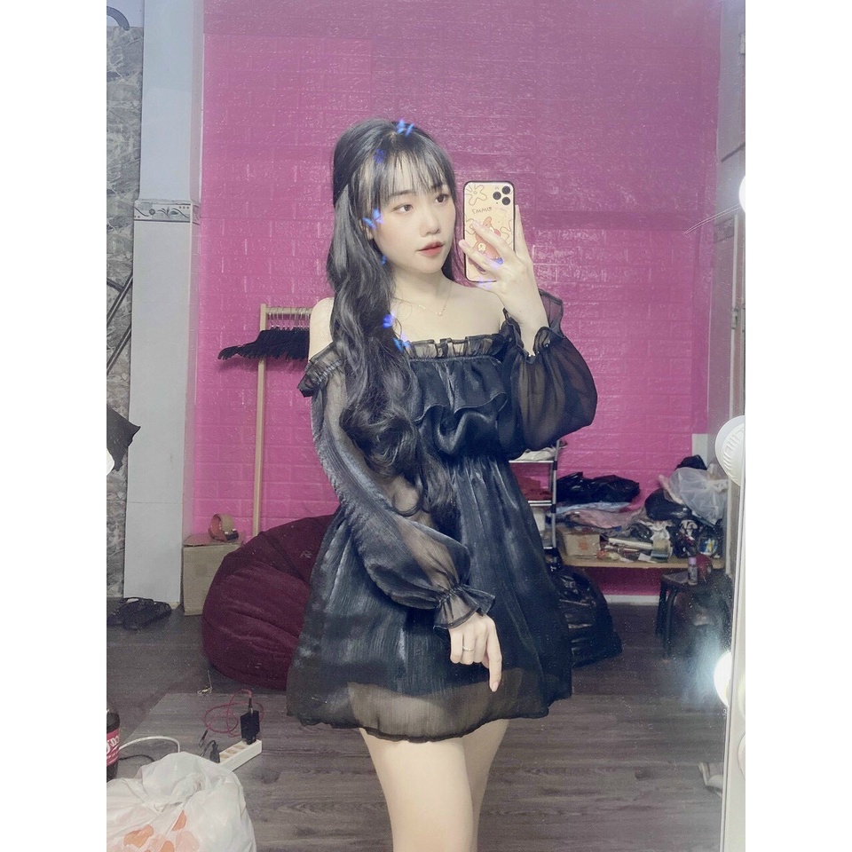 Đầm bẹt vai chất vải Tơ Gân Cam Kết Hàng Y Hình