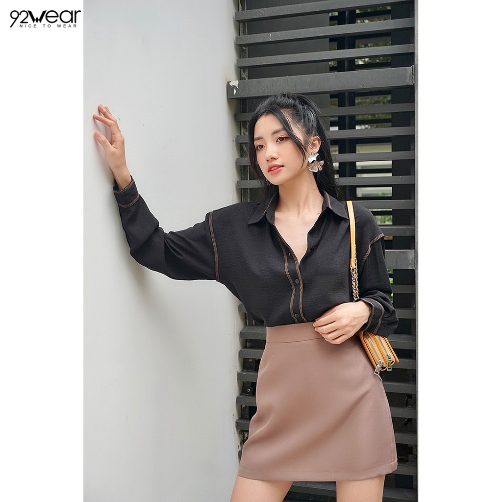 Áo sơ mi voan nữ công sở 92WEAR 2 MÀU, đủ size, form rộng trần chỉ trang trí ASW1011