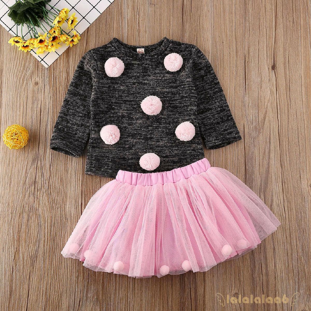 ◕ω◕Baby Girl Knit Sweater Pompom Tops + Party Ball Gown Tulle Skirt