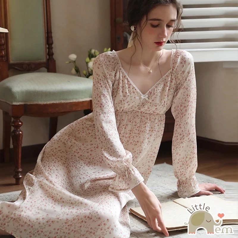 Váy ngủ tiểu thư dài tay chất lụa cao cấp - Hoa nhí