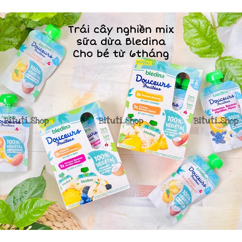 Trái cây nghiền mix sữa dừa Bledina cho bé ăn dặm dị ứng đạm bò túi 90gr - hàng air Bituti Shop