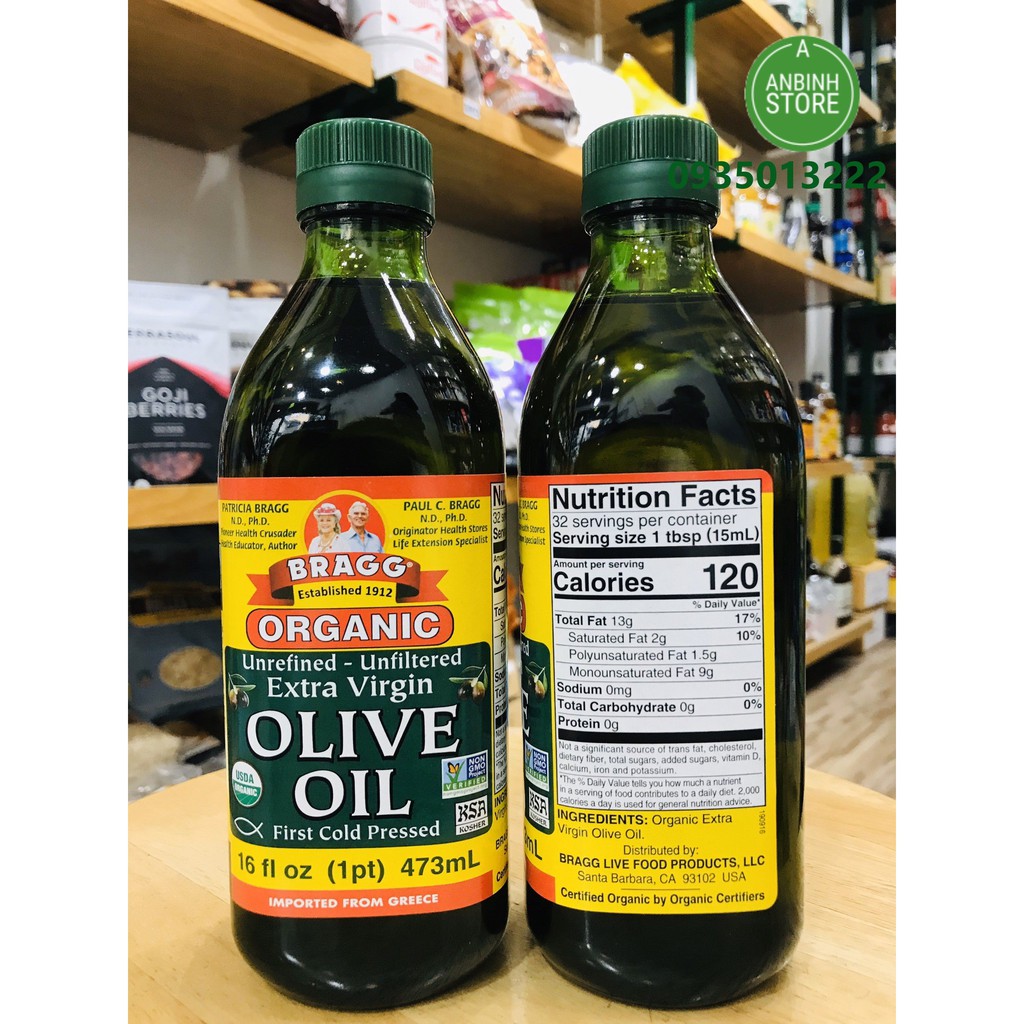 Dầu Oliu Nguyên Chất Hữu Cơ Organic Extra Virgin Olive Oil Bragg Mỹ 473ml