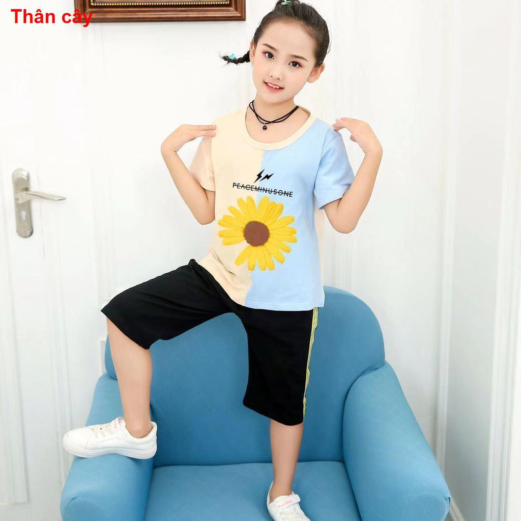 thời trang trẻ emPure Bộ đồ cô gái cotton Mùa hè kiểu mới khâu quần cắt ngắn tay, phong cách phương Tây trẻ em, áo