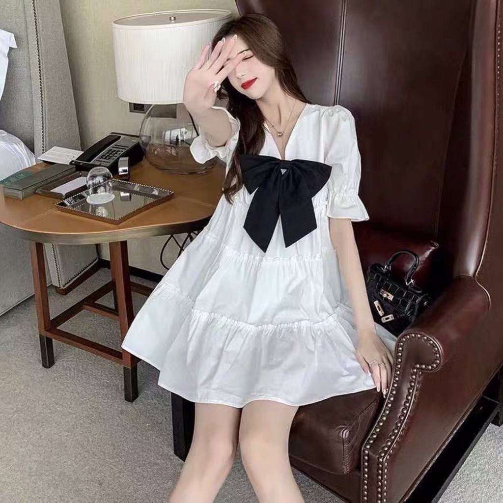 Váy Babydoll Nữ Dáng Xoè Cổ V Đính Nơ Đen  Đầm Nữ Trắng Tay Bồng Cổ Nơ Bèo Tầng Ulzzang