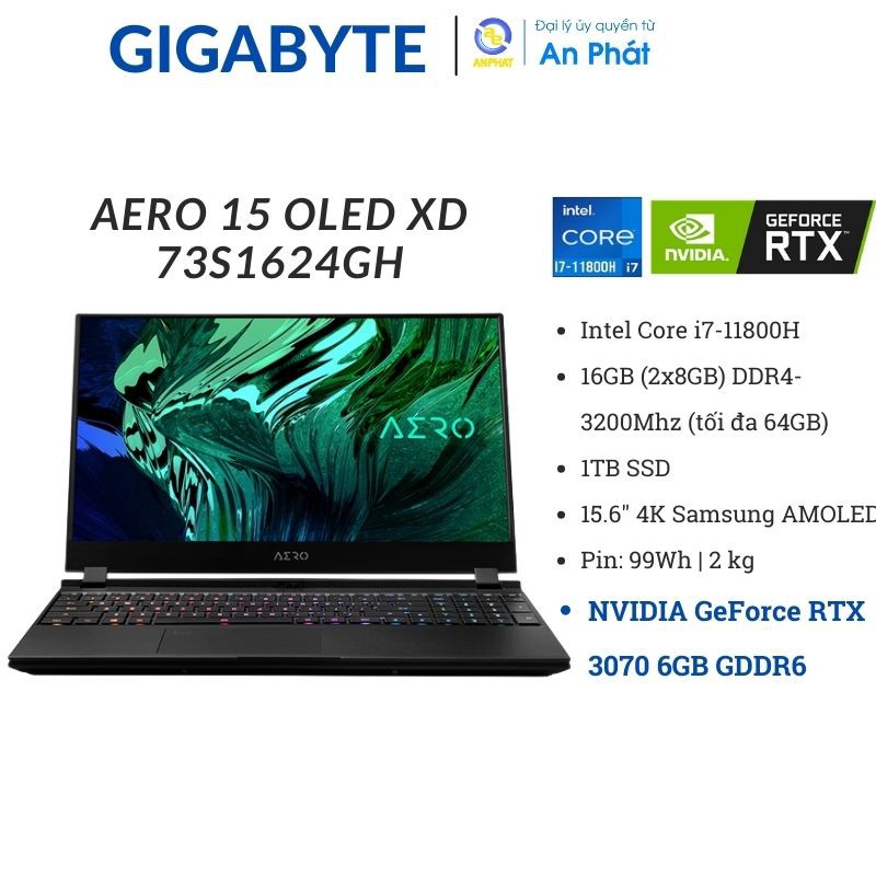 Laptop Gigabyte AERO 15 OLED XD 73S1624GH (Core i7-11800H | 16GB | 1TB SSD | RTX 3070 8GB | 15.6 inch UHD | Win 10 | Đen
