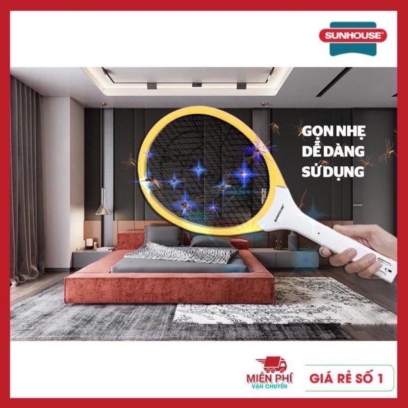 Vợt muỗi Sunhouse SHE-E200 màu vàng, vợt muỗi Sunhouse tích hợp đèn báo sạc tiện dụng