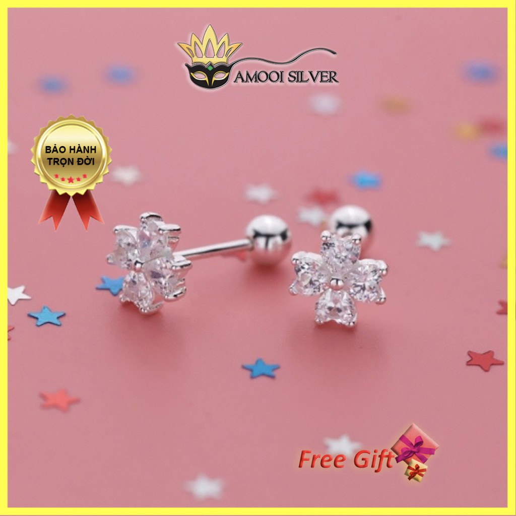 Bông tai bạc S925 cỏ 4 lá trái tim chui vặn - Amooi Silver AB121