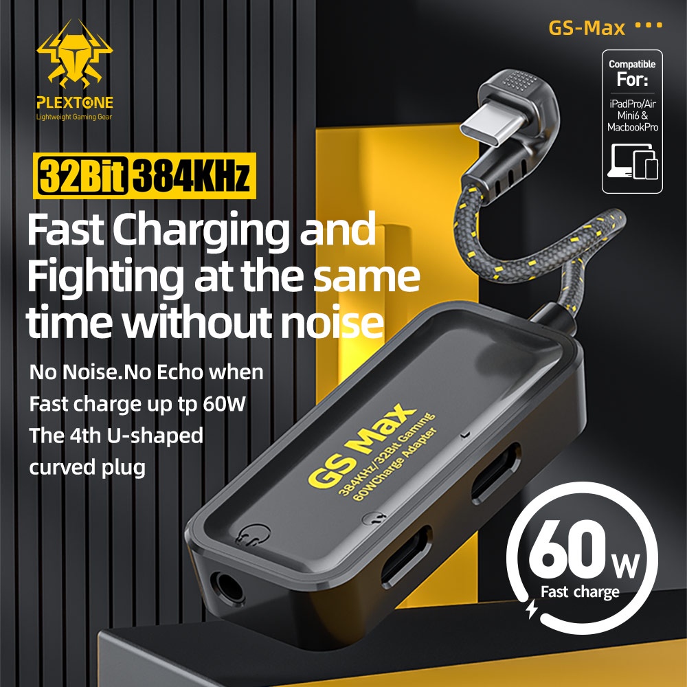 Cáp chuyển plextone GS max, 3in1 hỗ trợ tai nghe 3.5mm có mic, sạc nhanh typeC và tai nghe typeC, DAC 32bit 384Khz