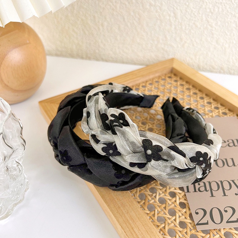 Băng đô bản rộng Haimeikang vải nhung phối lưới họa tiết hoa thời trang retro cao cấp