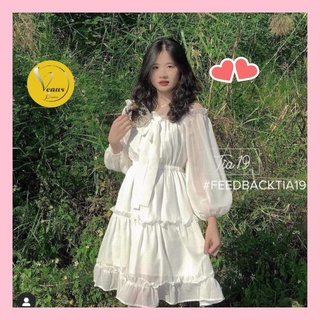 Váy trễ vai tiểu thư trắng 3 tầng nơ cổ nữ siêu dễ thương dự tiệc chất vải mềm mịn_VENUS