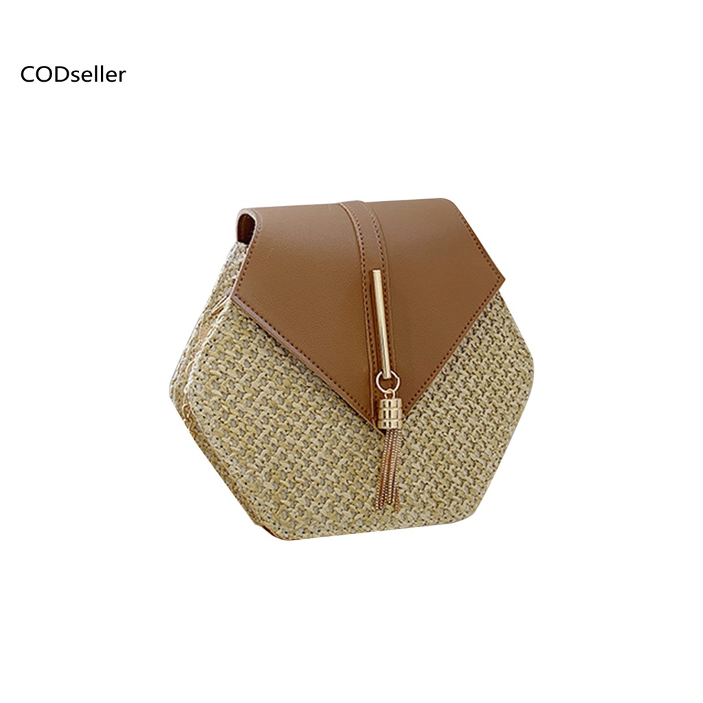 COD_ Hexagon Shape Handbag Hexagon Straw Handbag Cross Body Bag Large Capacity for Travel