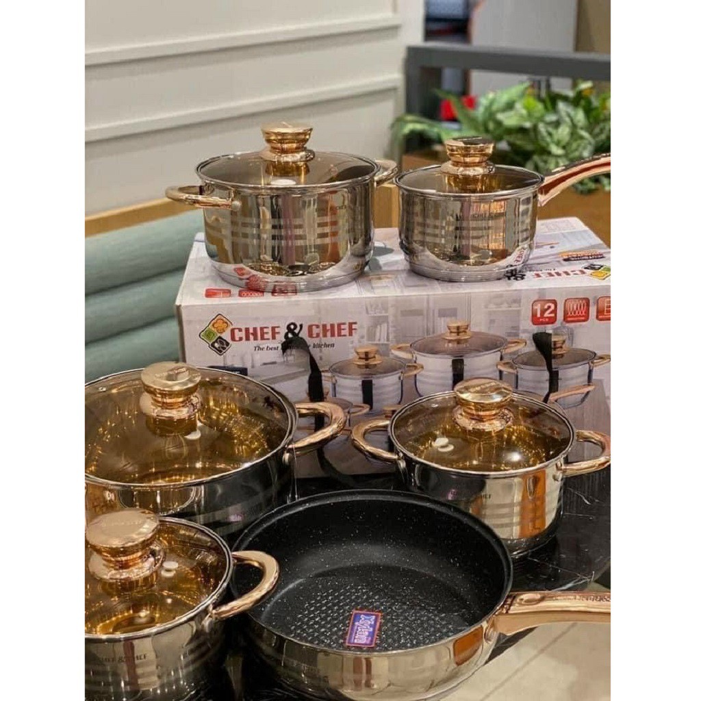 Bộ Nồi Đức Chef And Chef 6 Món Vung Kính 12 Chi Tiết, Đáy Nồi 5 Lớp, Bộ Nồi inox 304 Bền Đẹp Sang Trọng