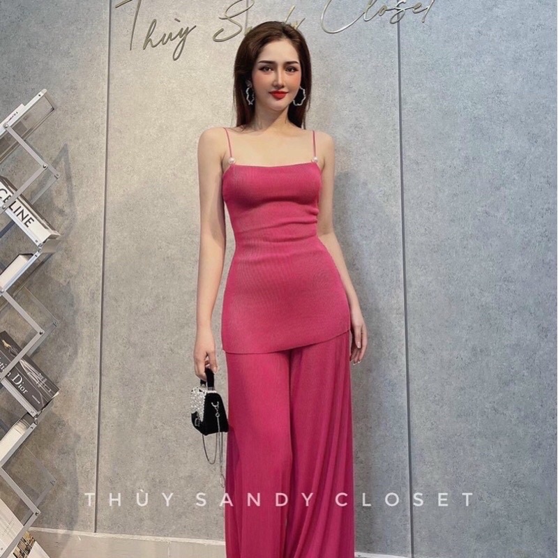 Sét Áo Hai Dây Dập Ly đính Ngọc trai + Quần ống đứng hách dáng