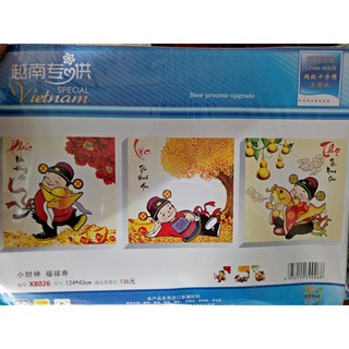Tranh thêu chữ thập Phúc - lộc - thọ , tiểu thần tài ( chưa thêu)-X8026