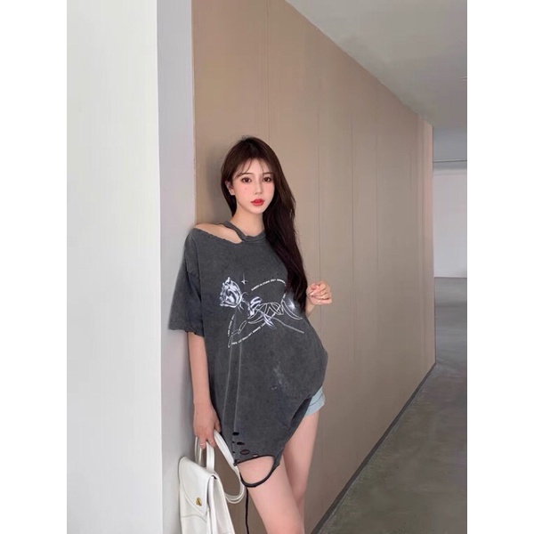 Áo thun Rách Vai Và Vạc năng Động cá Tính Vải Dày - oder Taobao