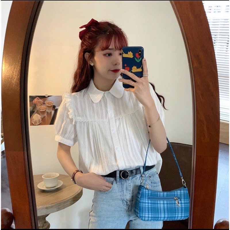 Sơ mi cổ sen ren cộc ảnh thật vintage