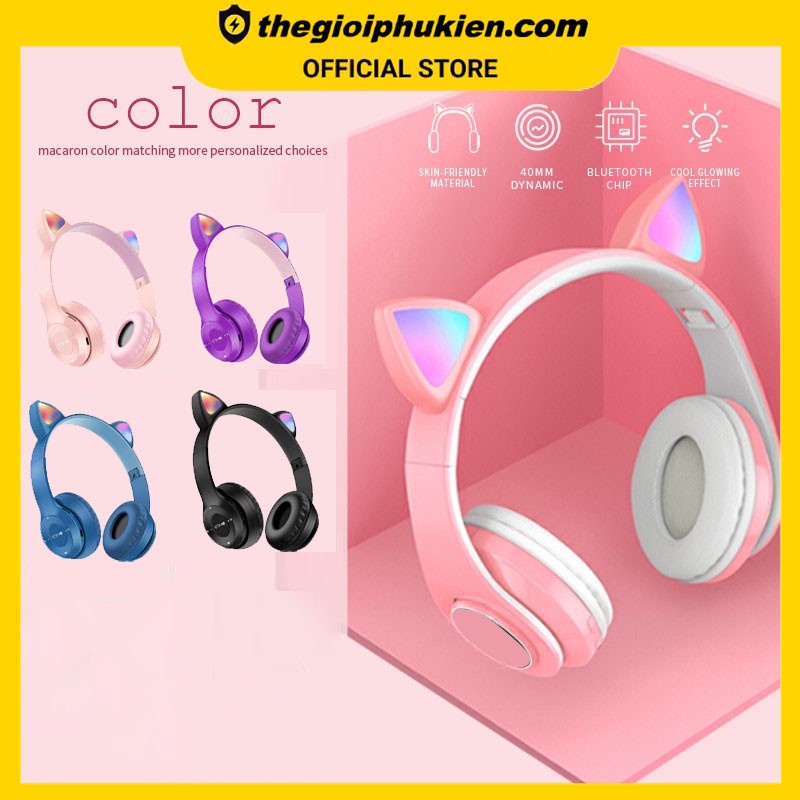 Tai Nghe Mèo Bluetooth , Headphone Tai Mèo Dễ Thương Có Mic,Âm Bass Mạnh Mẽ Và Dung Lượng Pin Khủng 400mAh - P47M