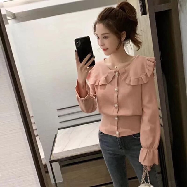 💋FREESIZE💋 Áo len cổ bèo cúc Ngọc , tay xoè điệu Đà xinh đẹp. Hàng qc Chuẩn ảnh Uy Tín