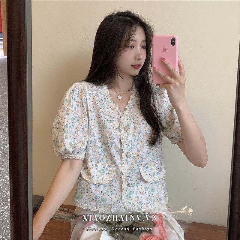 Xiaozhainv Áo sơ mi ngắn tay cổ chữ V họa tiết in hoa phong cách Hàn Quốc cổ điển thời trang cho nữ với 2 màu tùy chọn