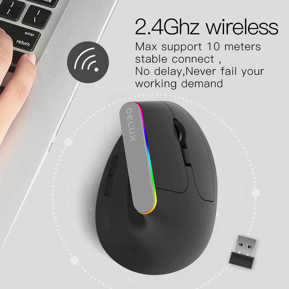 Delux M618C 2.4g chuột không dây không dây Chuột công thái học Chuột RGB Chuột dọc Chuột khóa DPI 6 có thể điều chỉnh 5D Chuột
