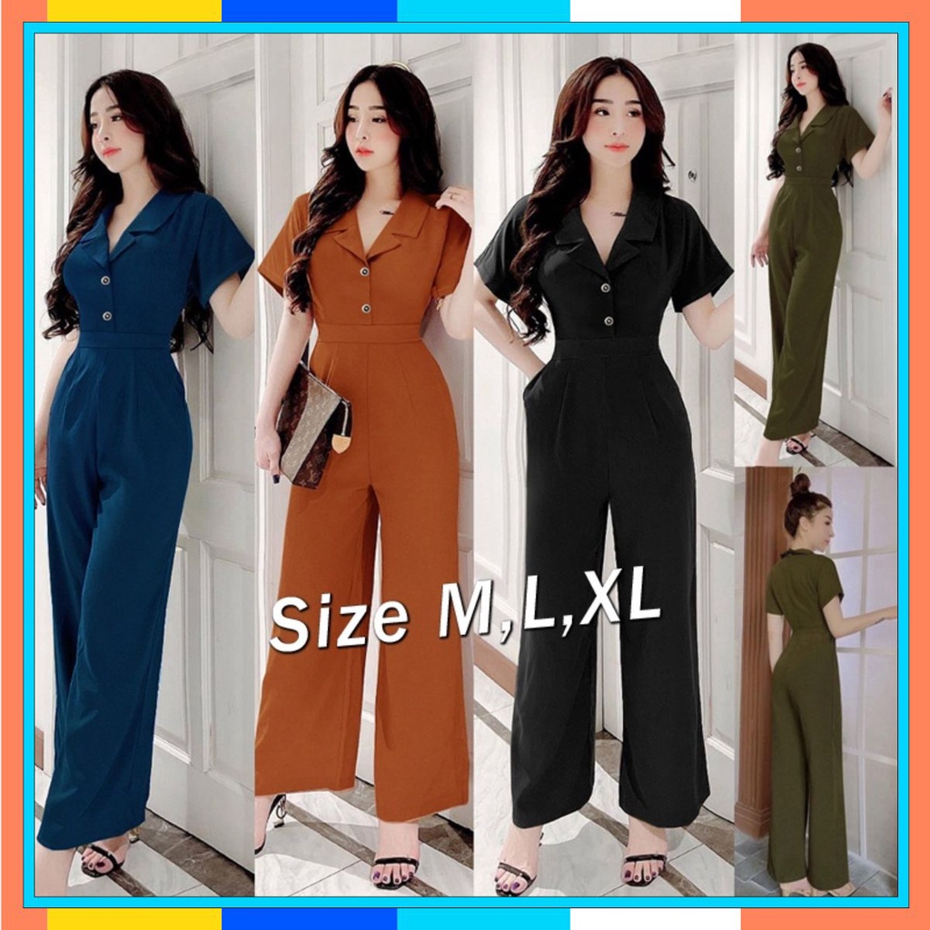 Jumpsuit Dài 🌸FREESHIP🌸 Jum dài ống suông cổ vest phối 2 nút dây kéo sau lưng xinh xắn TJ1118