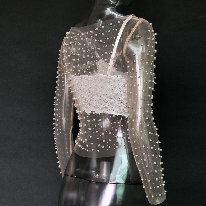 Xiangbao Áo Crop Top Lưới Tay Dài Đính Ngọc Trai Giả Cho Nữ Blous