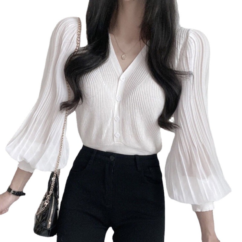 IELGY   Áo cardigan Cổ Chữ V Tay Phồng Phong Cách Thời Trang Pháp Dành Cho Nữ