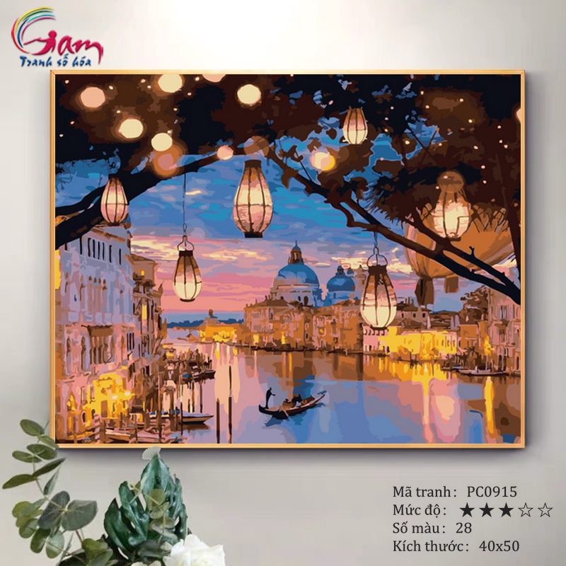 Tranh sơn dầu số hóa tự tô màu theo số GAM Phong Cảnh Đêm Đèn Lồng Venice căng khung 40x50cm PC0915