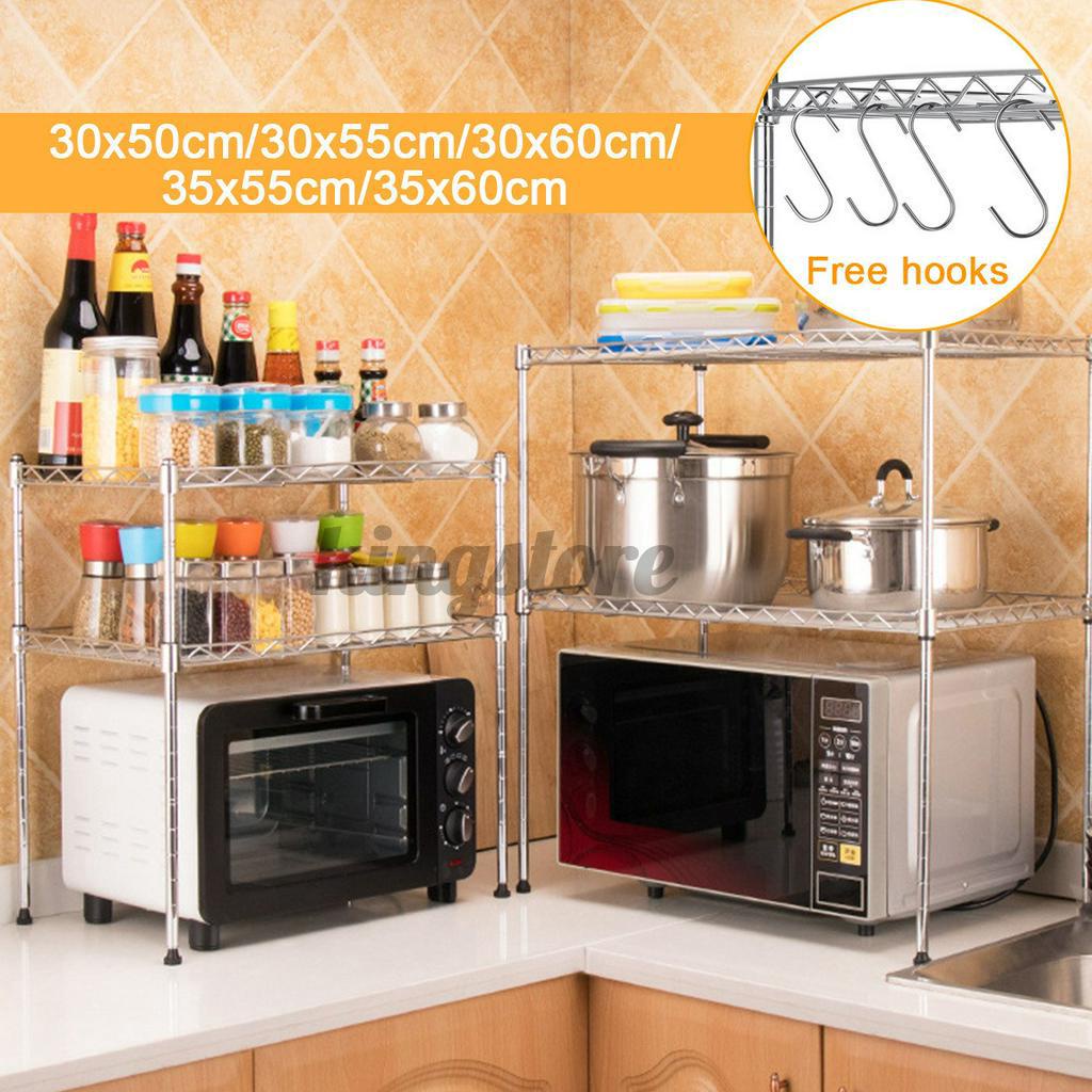 Stainless Steel Double-layer Microwave Oven Rack + Hook Kitchen Storage Holder