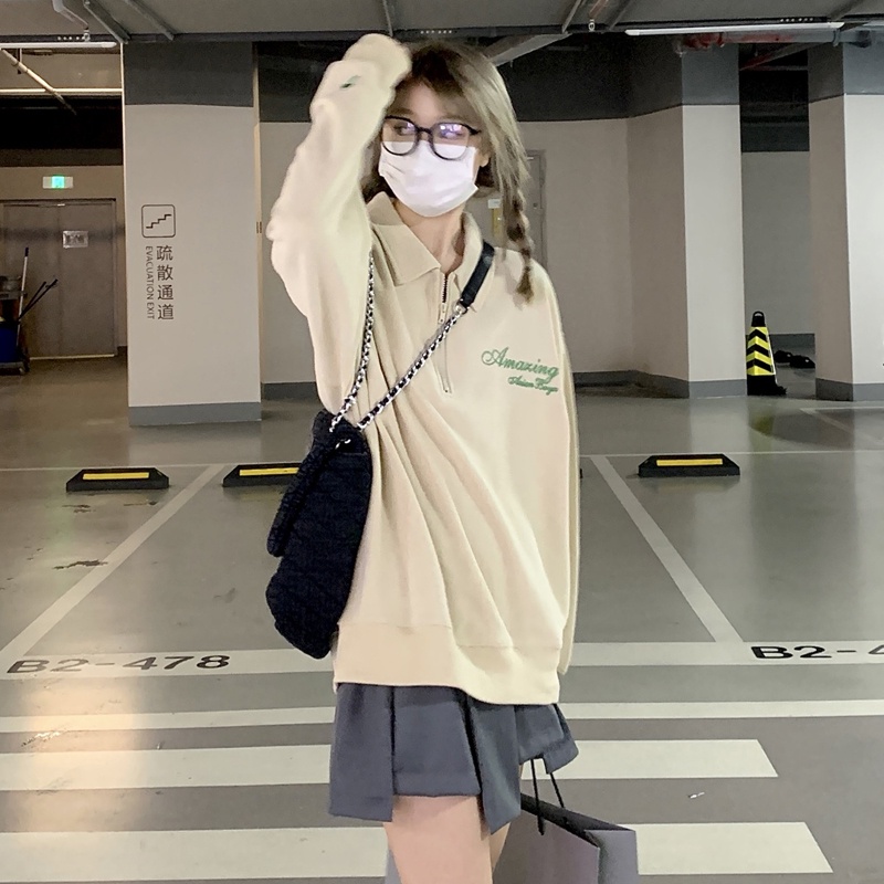 Áo Nỉ Nữ Dài Tay Cổ Bẻ Thời Trang Hàn