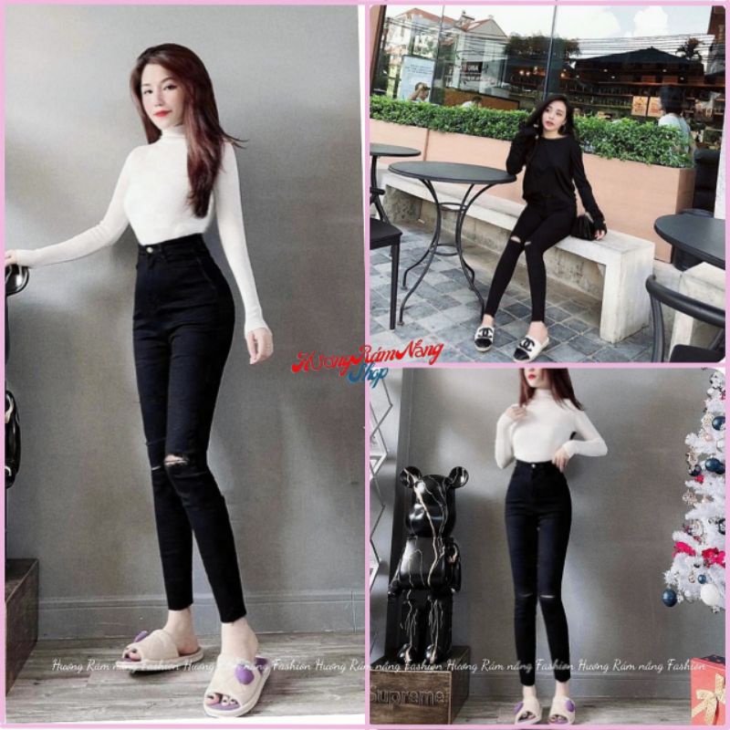 🍏HOT🍏Quần jean đen Skinny dáng ôm lưng siêu cao rách gối