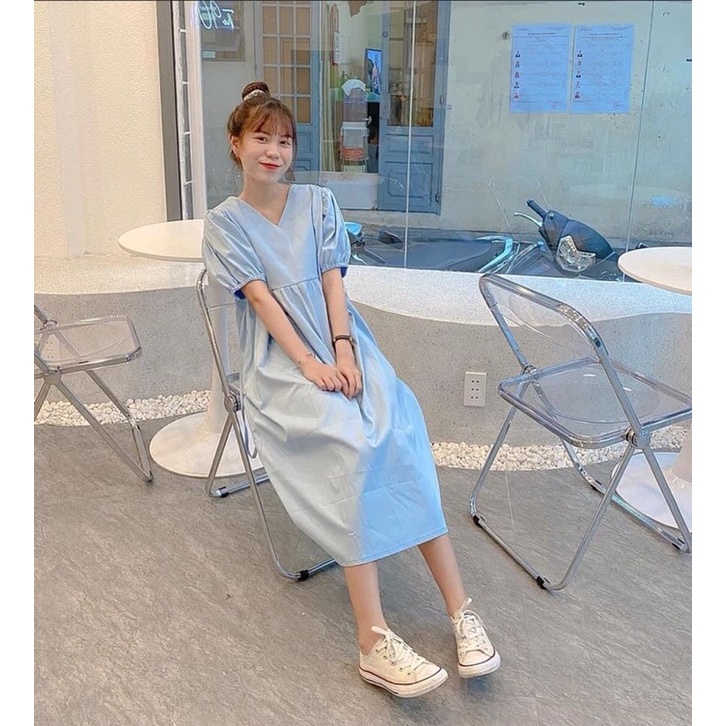 Đầm babydoll form dài trắng đen xanh cổ V tay phồng