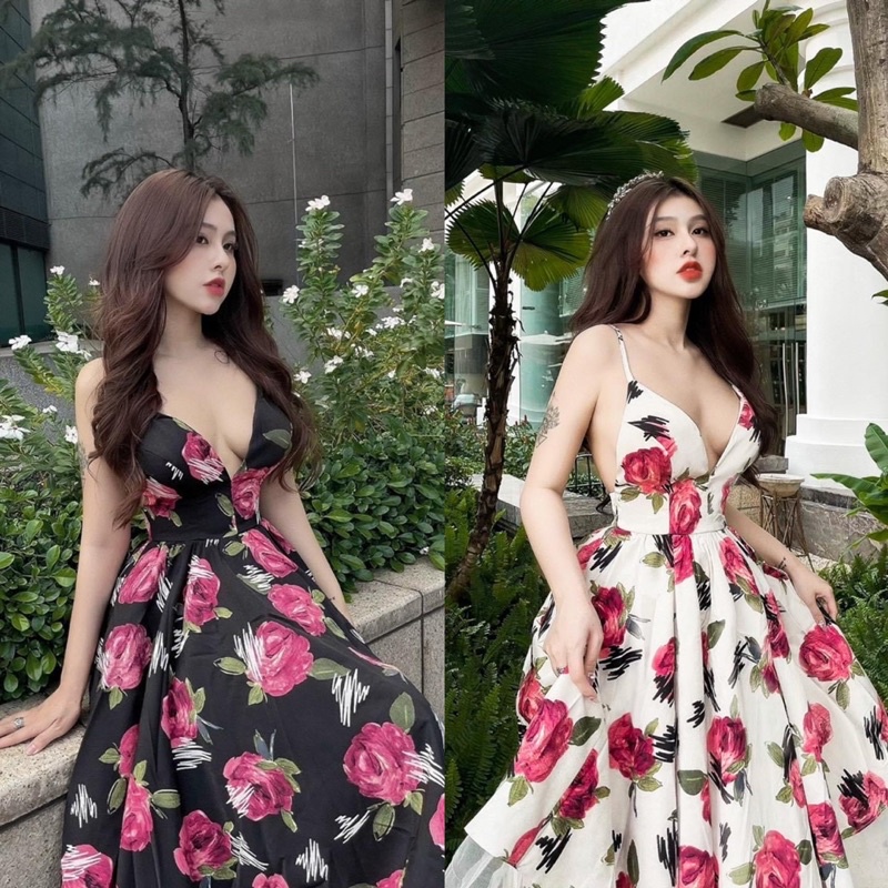Đầm xoè hoa hồng 2 dây phối lưới tầng 12.6