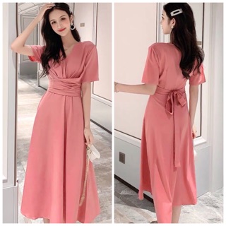 Đầm maxi váy midi hồng ruốc form dài chéo eo (kèm hình thật)
