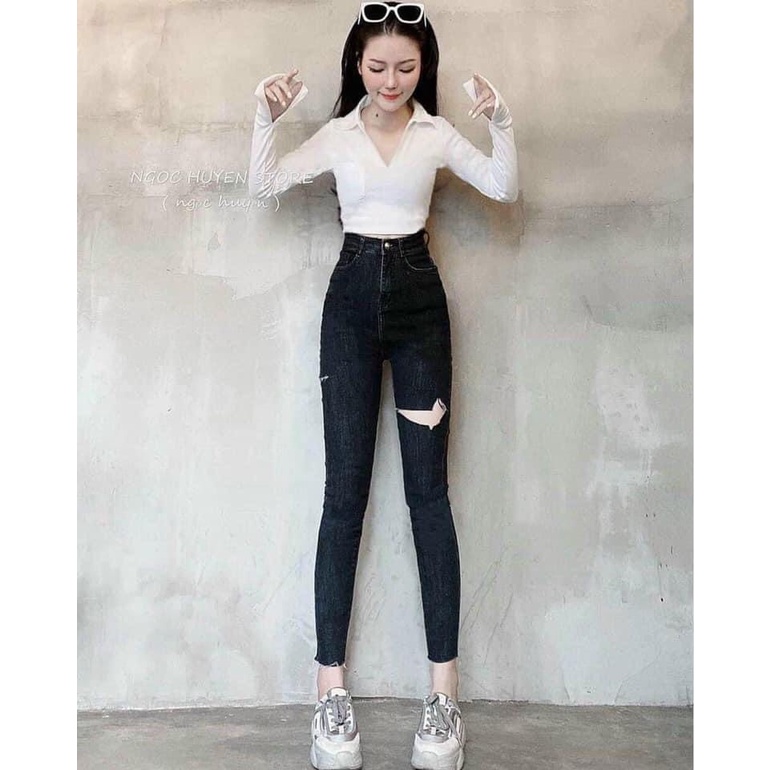 NEW [Size 30-36] Quần Dài Jeans Nữ Bigsize, Đen - Xám, Lưng Cao Trên Rốn, Co Giãn Mạnh