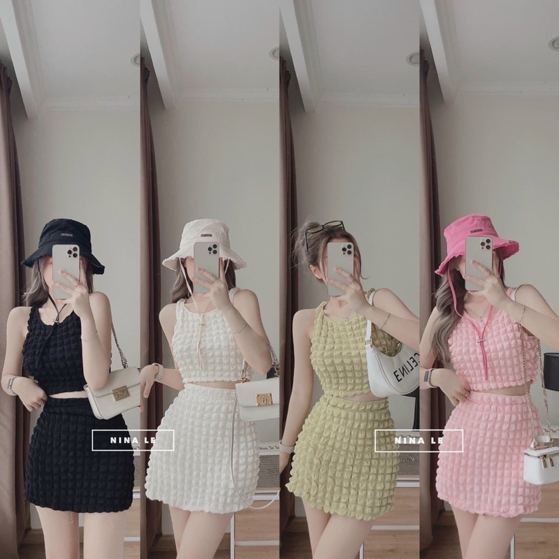 Set bộ xốp ô sát nách croptop kèm chân váy -  C8U080