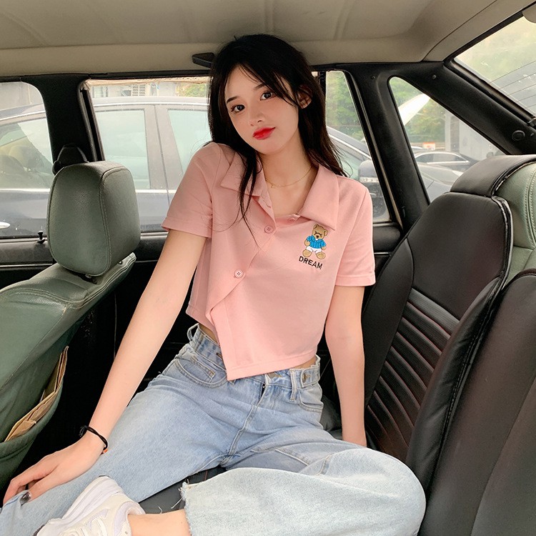 Áo Polo cúc lệch hoạ tiết thêu, áo polo croptop