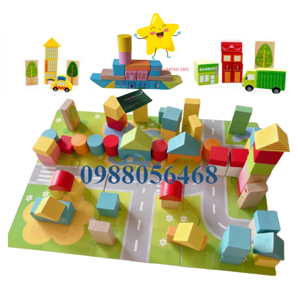 Đồ chơi gỗ - Hộp 62 khối gỗ lắp xếp xây dựng mô hình thành phố cho bé