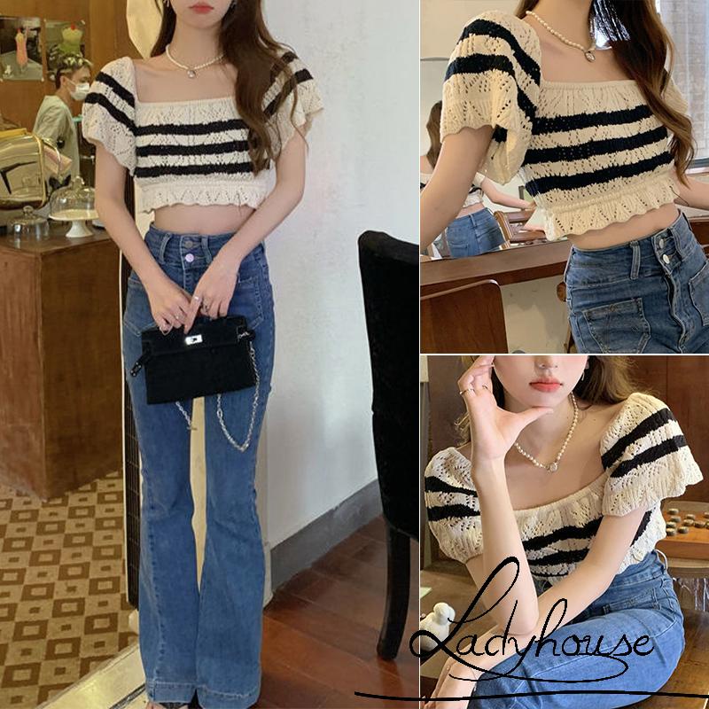 Áo Thun Dệt Kim Ngắn Tay Cổ Vuông Họa Tiết Kẻ Sọc Màu Đen Cho Nữ