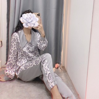Set Pyjama cổ sen lụa in 2 màu cao cấp