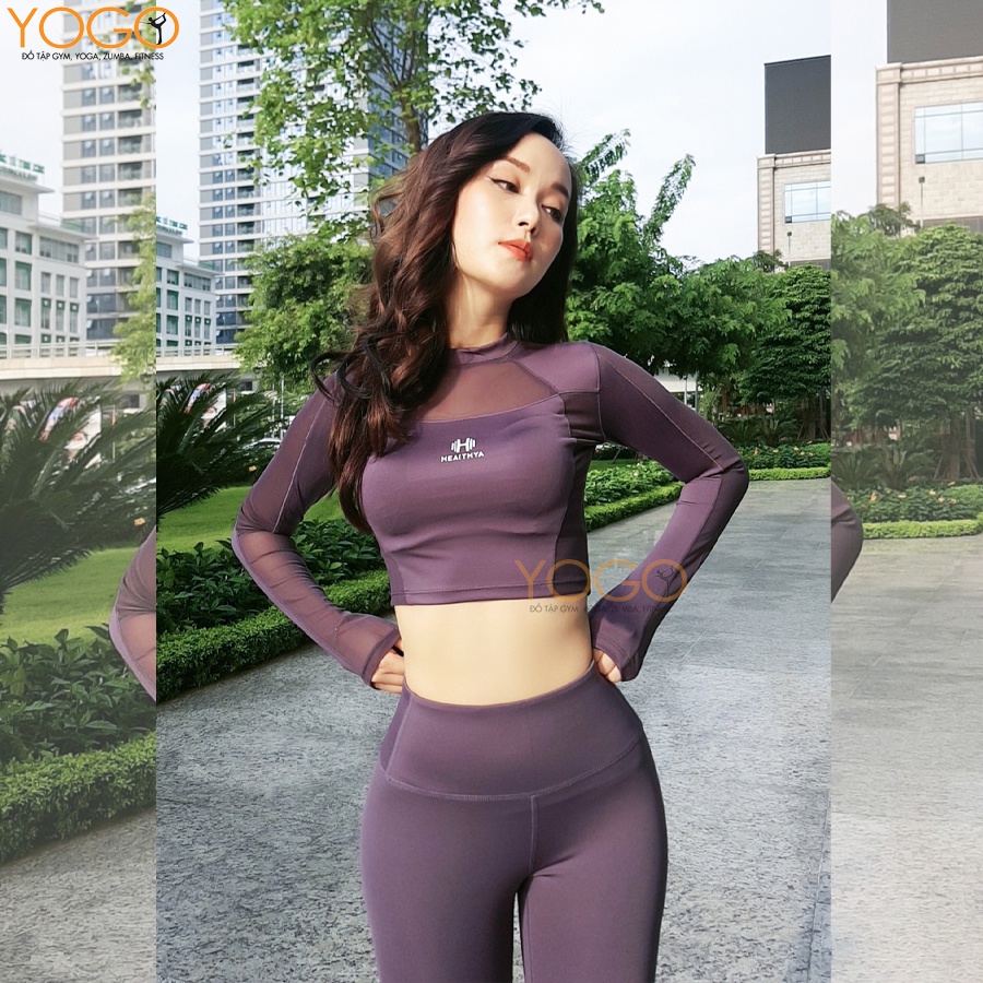 Áo tập gym yoga nữ croptop tay dài phối lưới thoáng khí vải thun co giãn 4 chiều ôm body thấm hút mồ hôi tốt  YOGO G094