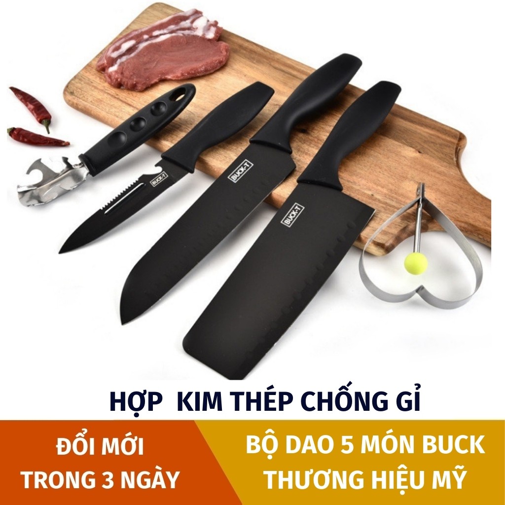 Bộ dao nhà bếp 5 món BUCK  thương hiệu Mỹ - đa năng siêu bền siêu chắc chống dính thực phẩm