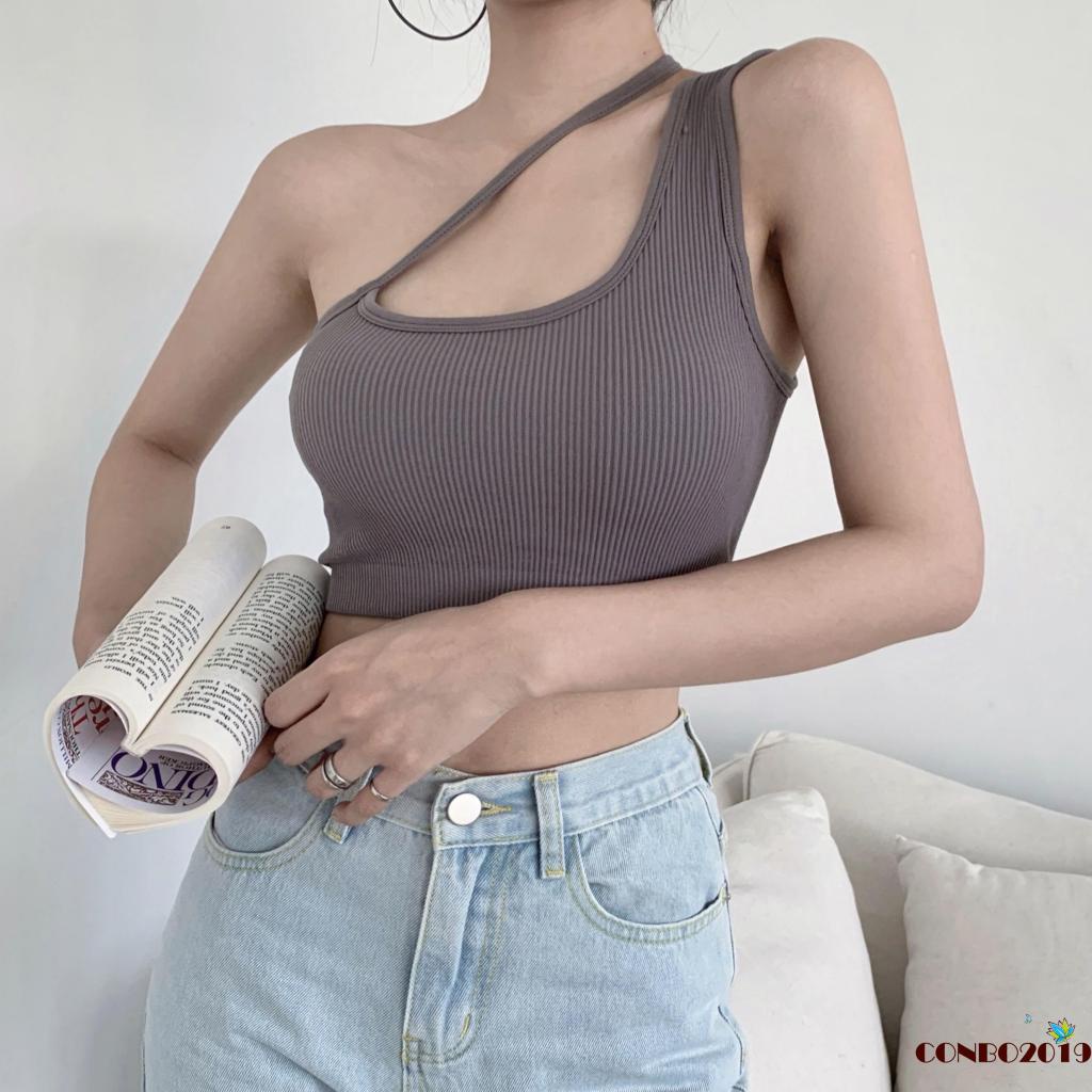 Áo croptop không tay hở vai dáng ôm màu trơn gợi cảm thời trang cho nữ