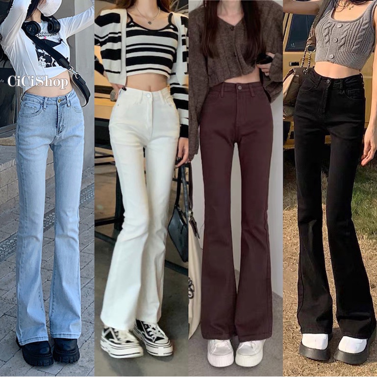 Set 2 Quần Jeans Ống Loe Lưng Cao Phong Cách Retro (0959)