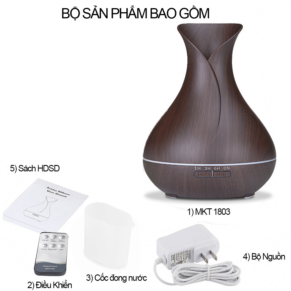 [Mã ELORDER5 giảm 10K đơn 20K] Máy Xông Tinh Dầu Bình Hoa Tulip Vân Gỗ Cao Cấp 550ML Có Remote Điều Khiển